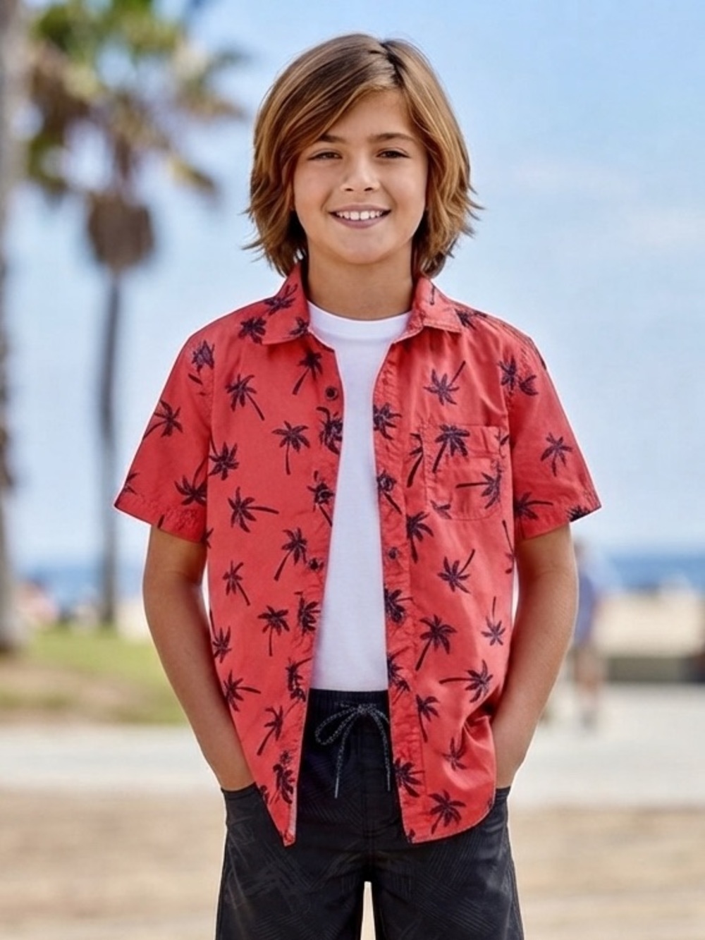 Arizona Jean Co Red and Black Palm Tree Print Collar Shirt Boys Size M